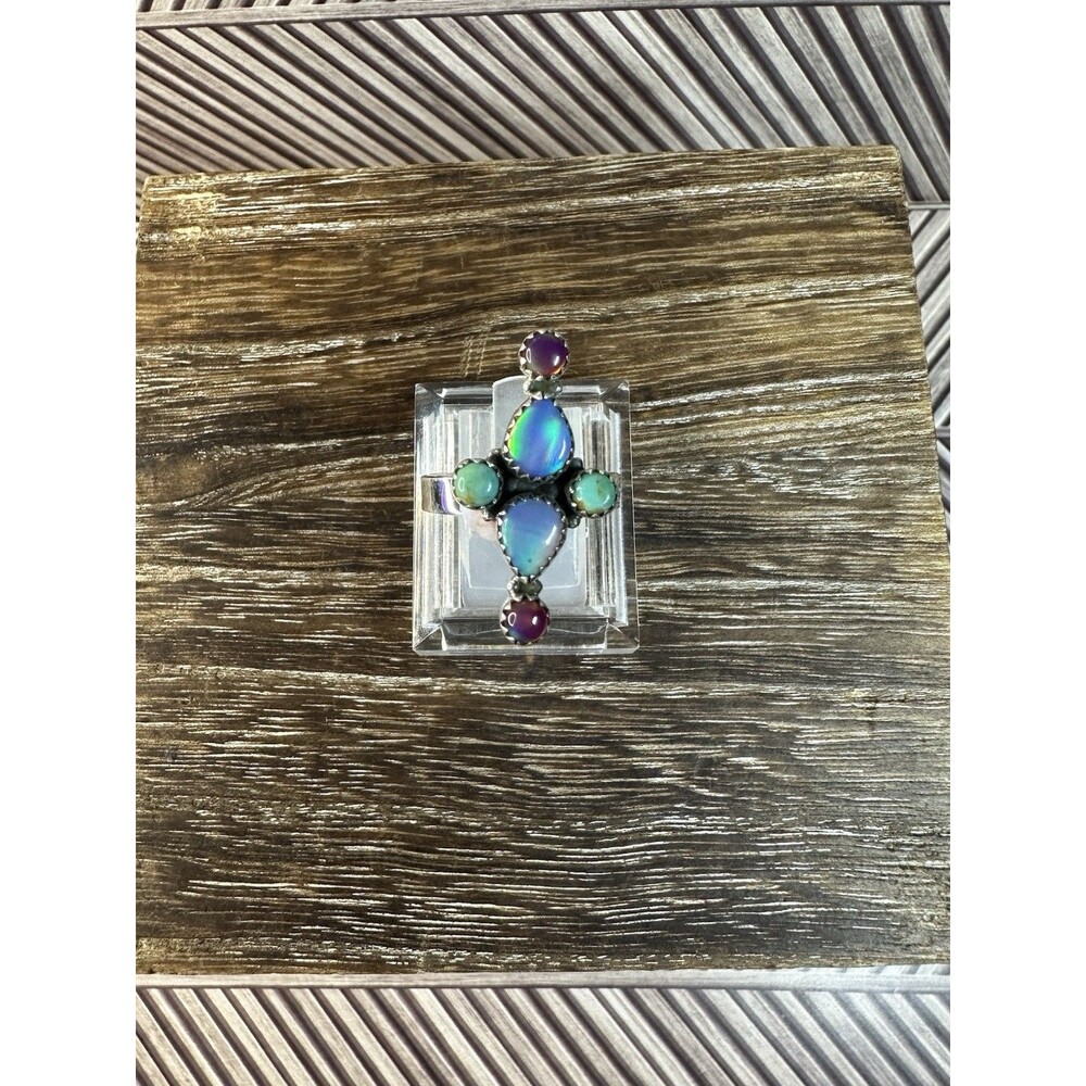 Native Southwest Sterling Turquoise & Multi Color Aurora Opal Cluster Ring 9 Adj